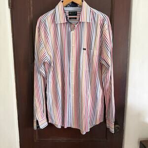 M.I.N.E.  | Modern Fit Rainbow Stripe Button up Collared Dress Shirt Extra Large